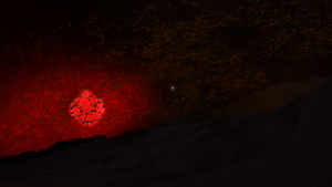 Artist's conception of Nemesis as a red dwarf seen from a nearby debris field with the Sun visible in the center.